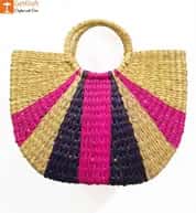 Natural Straw Striped Multipurpose Handbag Deep Purple and Pink image 1
