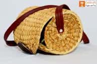 Natural Straw Cylindrical Barrel Bag With long Leather Belt image 1