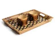 Bamboo Tray and Cups Set with Woven Checker Base