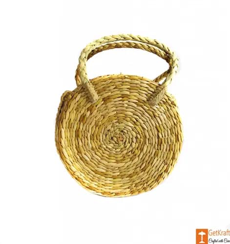 Natural Straw Round Handbag with small handle image 1