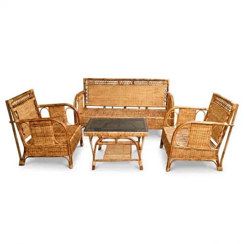 Natural Cane and Rattan Sofa Set with Center Table - Image 1