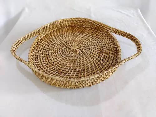Elegant Handmade Cane round Serving tray with long Handle image 1