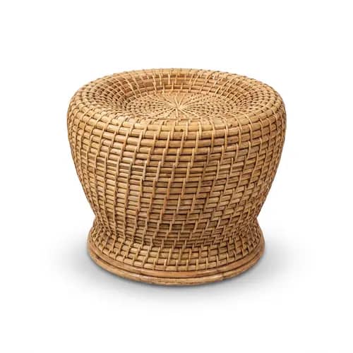 Handwoven Rattan Stool 15 Inch Round Natural Finish