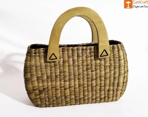 Natural Straw Oval Shaped Handbag with wooden handle image 1