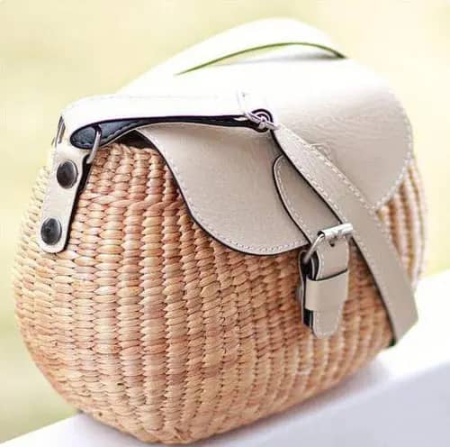 Natural Straw Side bag with Leather Handle and Design image 1