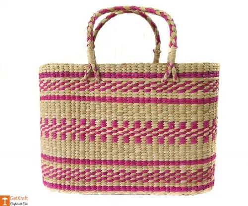 Large Natural Straw Handbag with colored patterns image 1