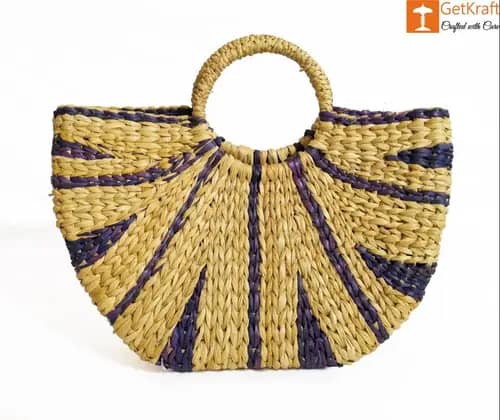 Natural Straw Striped Handbag Navy Blue image 1